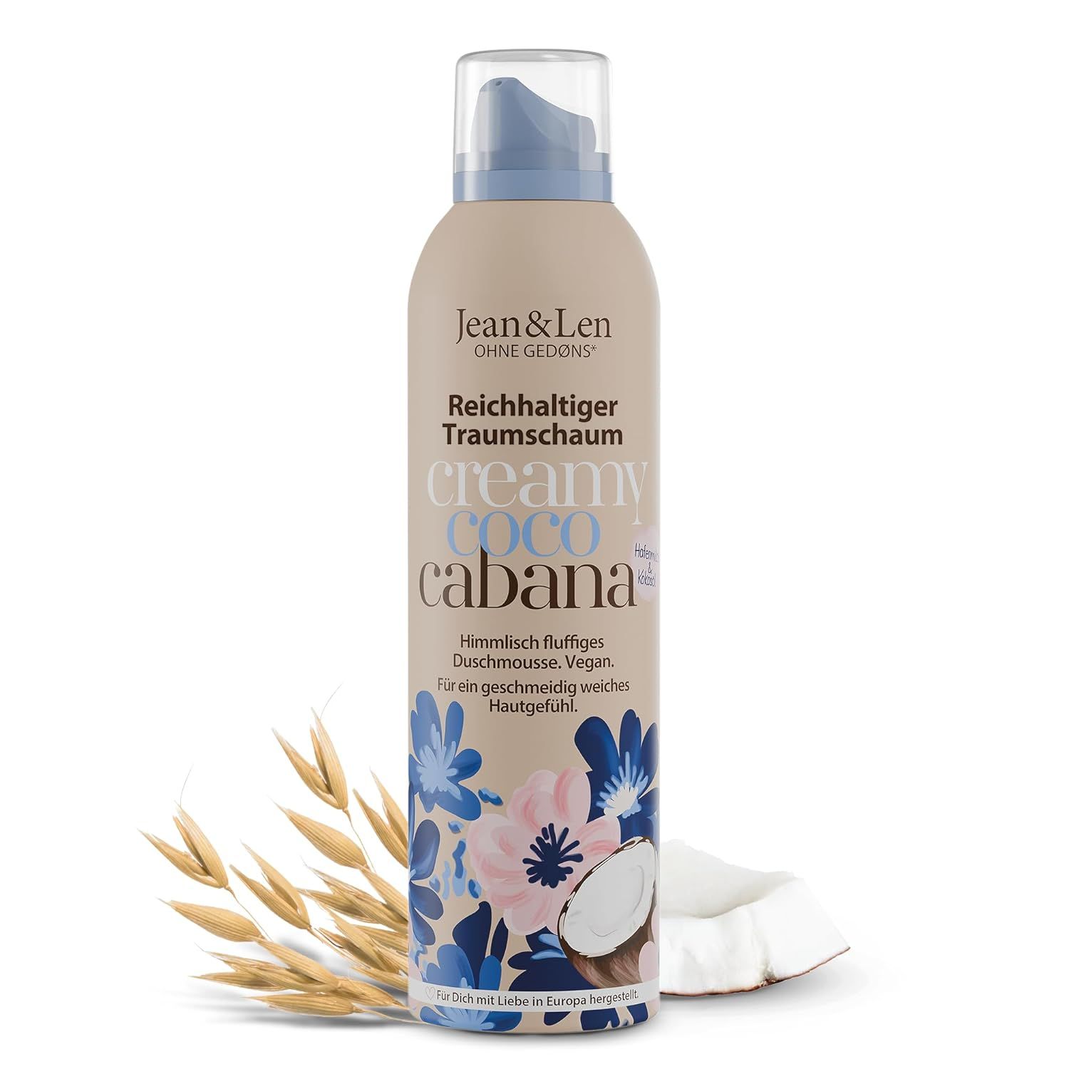 Beige Flasche mit blauem Deckel. Aufschrift: Jean & Len, Reichhaltiger Traumschaum, creamy coco cabana. Abbildung von Kokosnuss und Blüten.