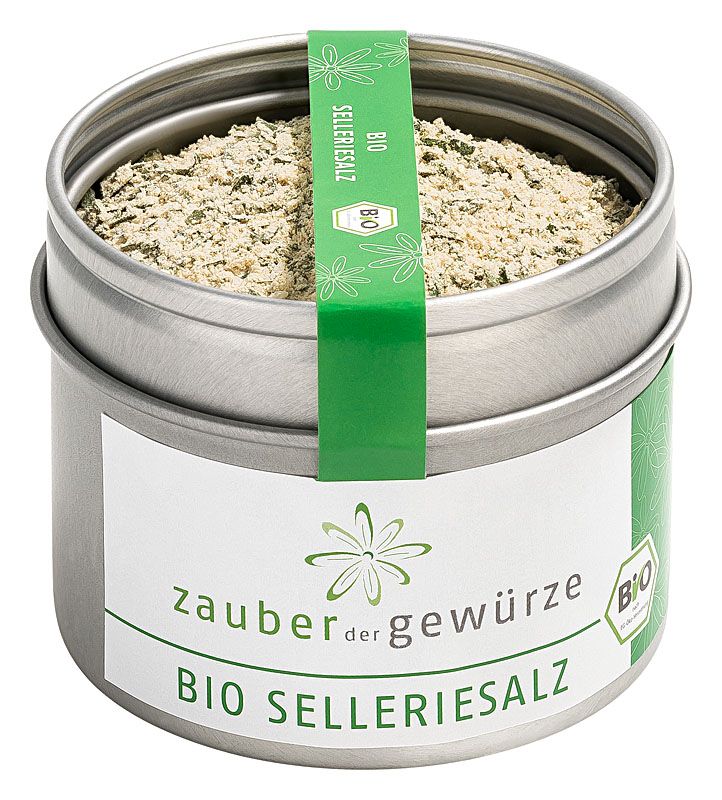Runde Dose mit Bio Selleriesalz. Grün-weißes Etikett mit Logo und Schriftzug. Deckel mit grünem Band. Bio-Siegel.