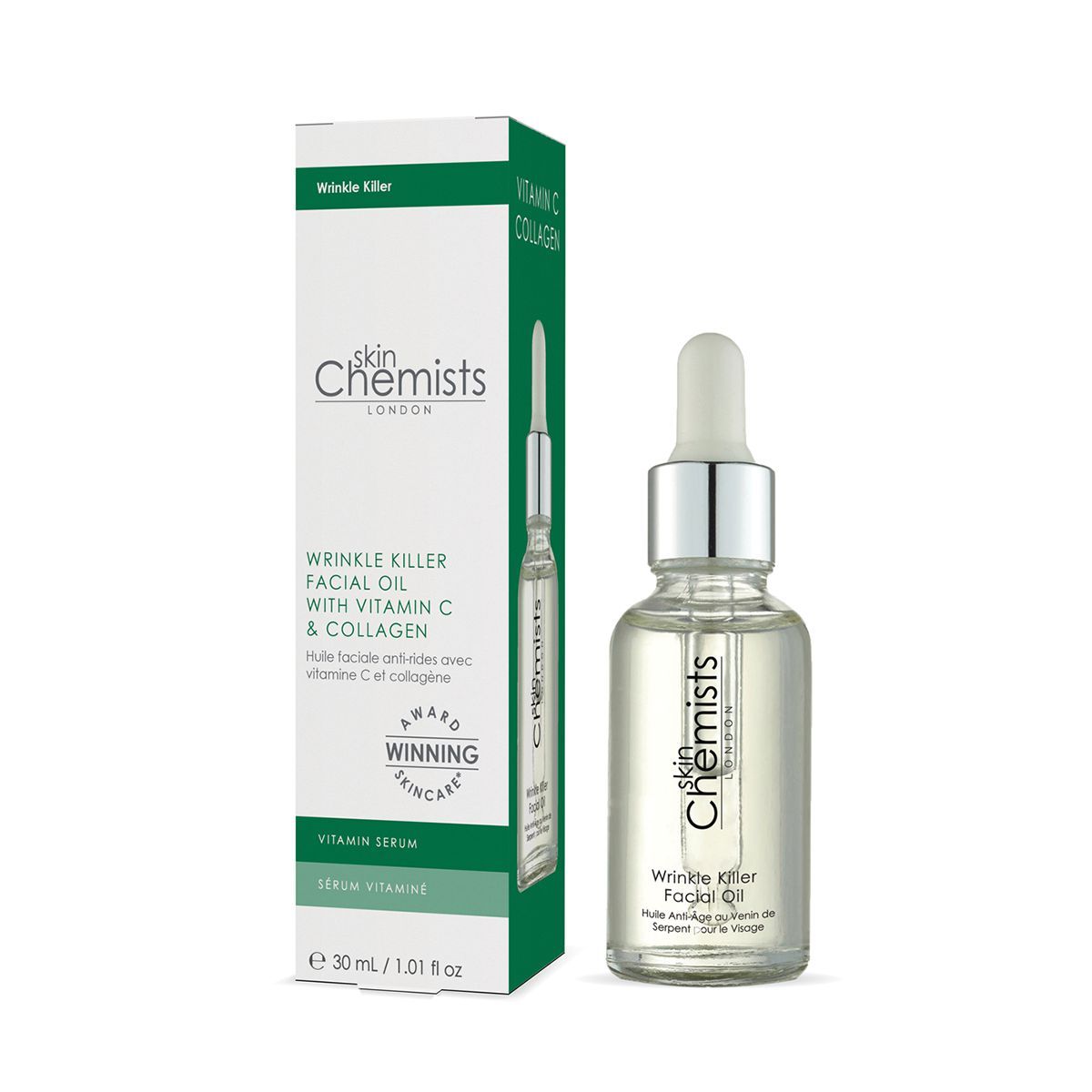 Gesichtsöl-Flasche und Verpackung. Flasche mit Pipette, Verpackung mit Produktnamen und Inhaltsstoffen.