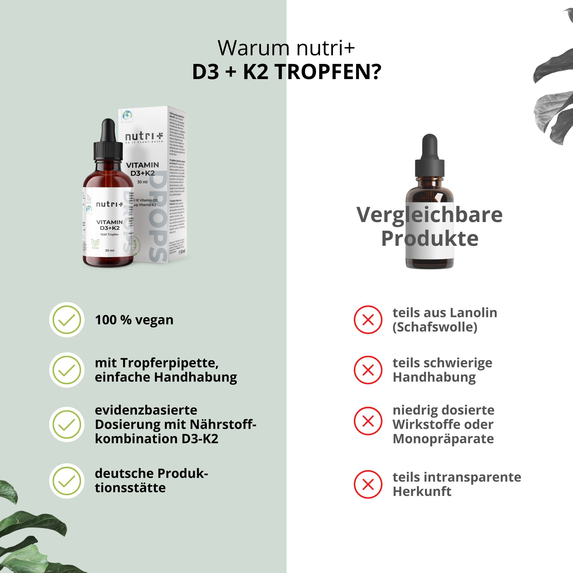 Vergleich nutri+ Vegane Vitamin D3 + K2 Tropfen mit anderen Produkten.