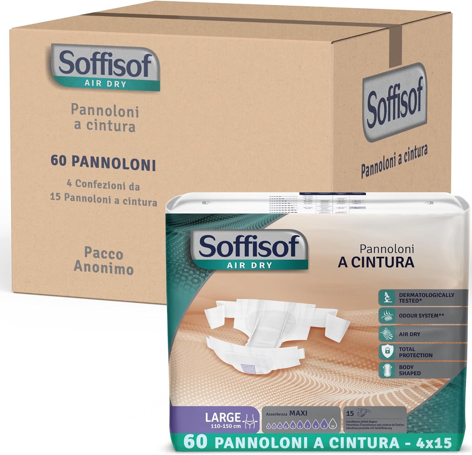 Karton mit Inkontinenzschutz-Packungen. 60 Stück pro Packung. Mit Hüftbund. Dermatologisch getestet, Geruchskontrolle, Air Dry, Total Protection.