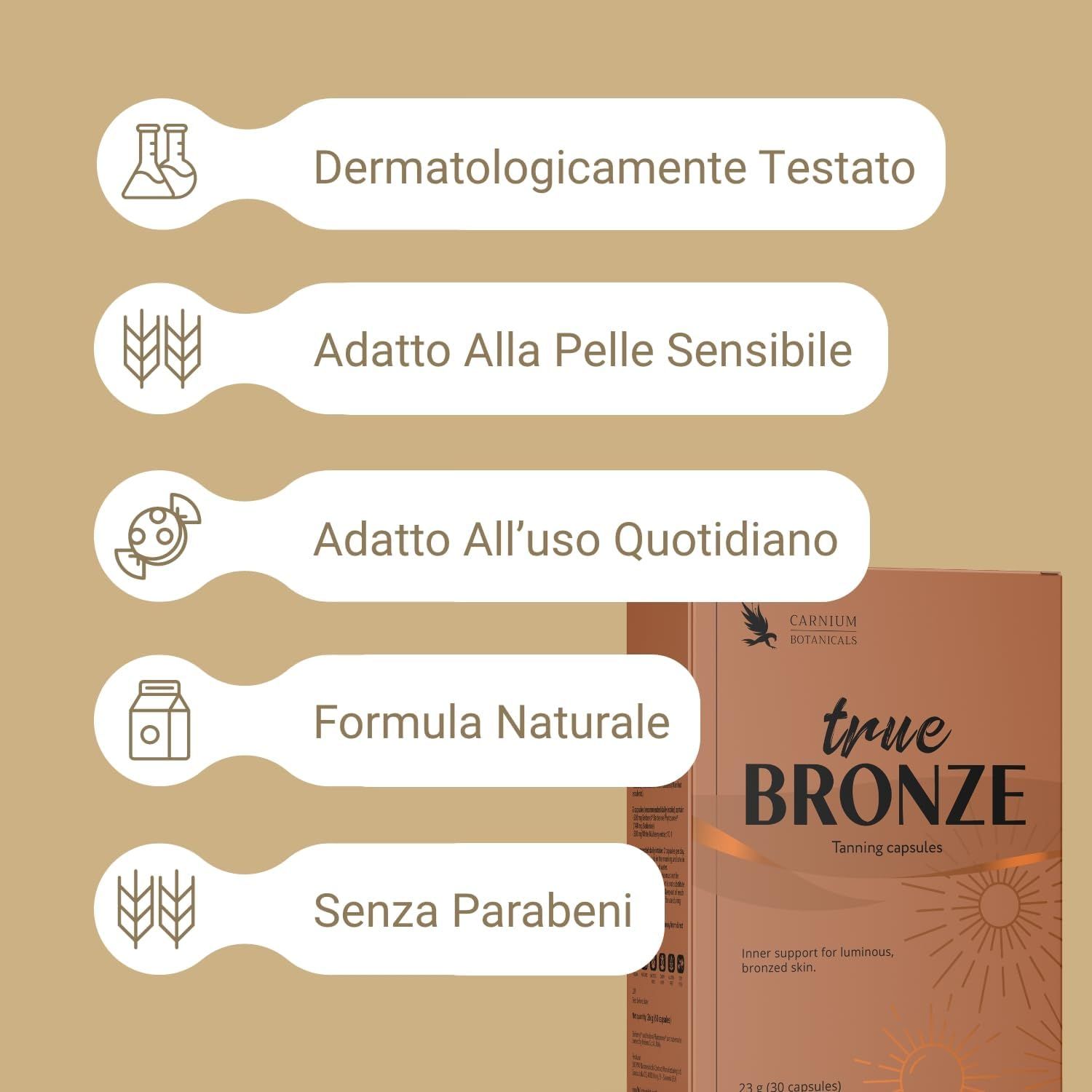 Produktverpackung "true BRONZE" mit Texten: Dermatologisch getestet, Für empfindliche Haut, Für den täglichen Gebrauch.