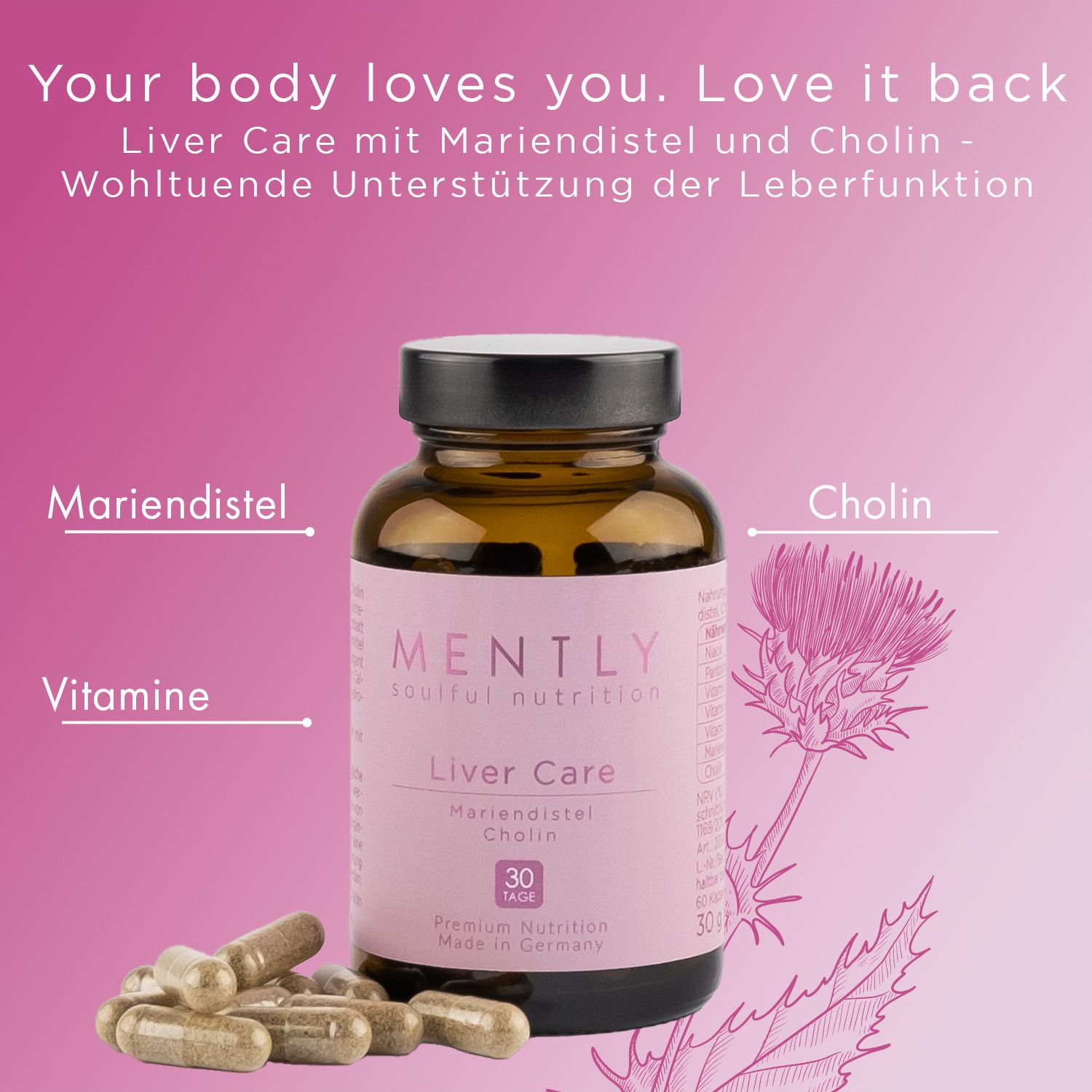 Braune Glasflasche mit rosa Etikett. MENTLY Liver Care, Mariendistel & Cholin. 30 Tagesdosen. Mariendistel-Illustration. Kapseln.