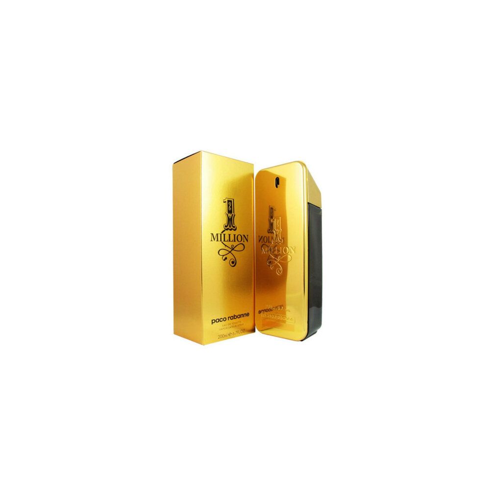 Goldener Flakon "1 Million" und Schachtel. Eckige Form, schwarzer Sprühkopf. "paco rabanne".