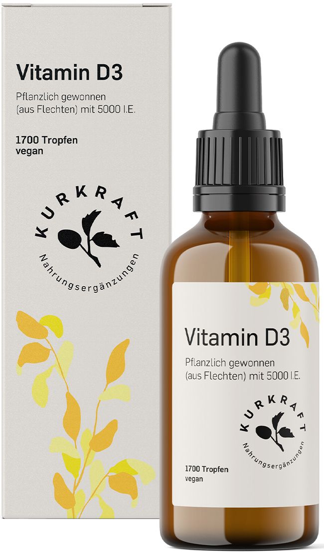 Braune Flasche und Verpackung mit Vitamin D3. Kurkraft Naturals. 1700 Tropfen, vegan. 5000 I.E.