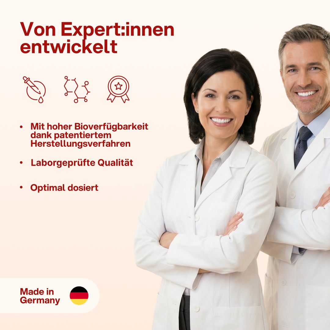 Zwei Personen in weißen Mänteln. Text: Von Expert:innen entwickelt. Hohe Bioverfügbarkeit. Laborgeprüfte Qualität. Optimal dosiert. Made in Germany.