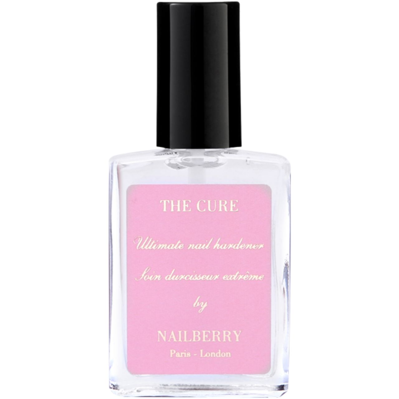 Nailberry The Cure Nail Hardener in klarer Glasflasche mit schwarzem Deckel und rosa Etikett.