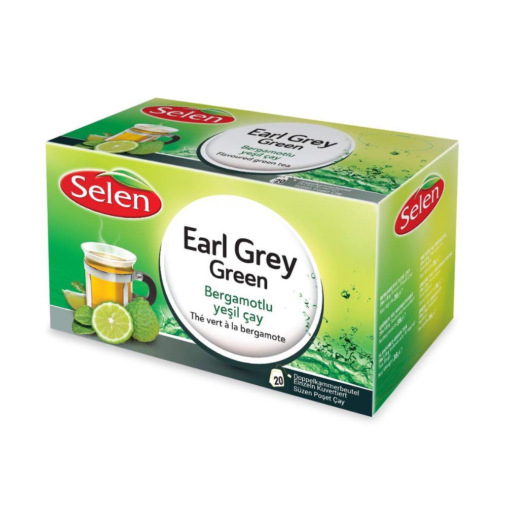 Grüne Tee-Box mit Aufschrift Earl Grey Green. Marke Selen. Abbildung von Tee, Limette und Bergamotte. 20 Beutel.