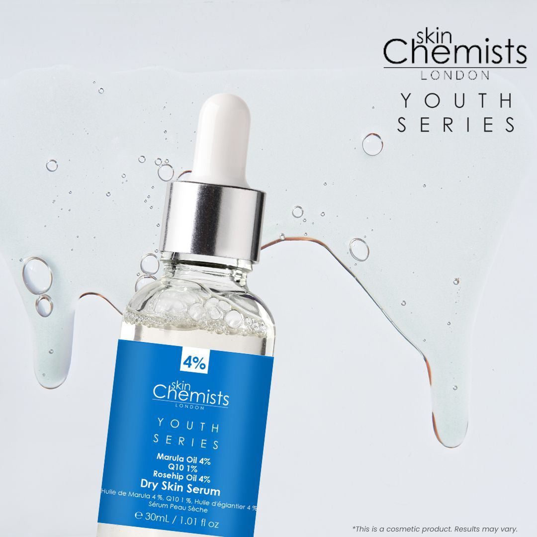 Serumflasche mit Serum-Tropfen. Blaues Etikett mit "skinChemists", "Youth Series", "Dry Skin Serum".