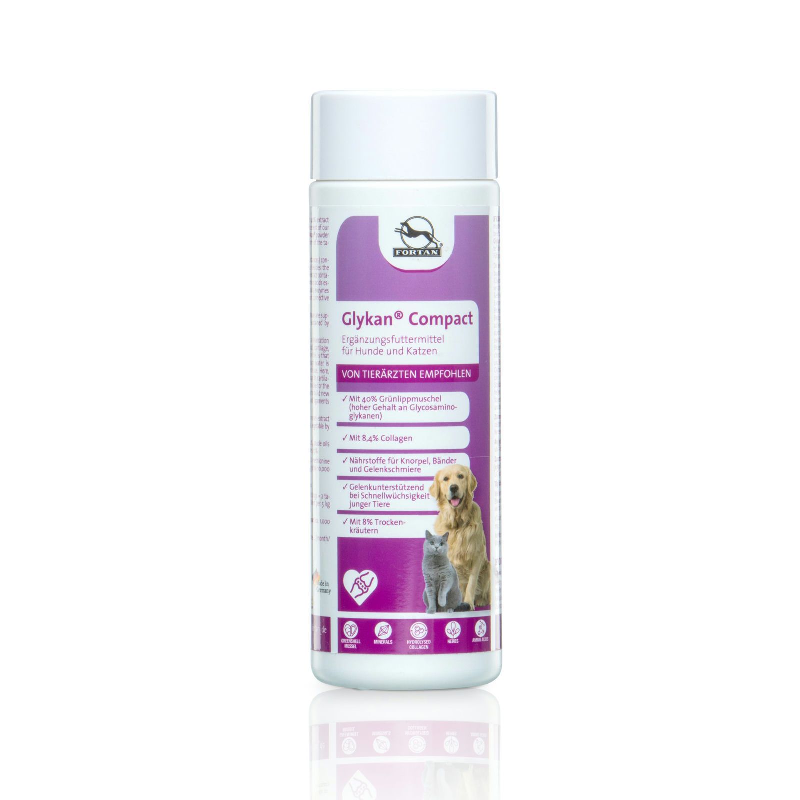 Zylindrische Flasche mit Produktetikett. Aufschrift: Glykan Compact. Abbildung von Hund und Katze. Logo: Fortan.