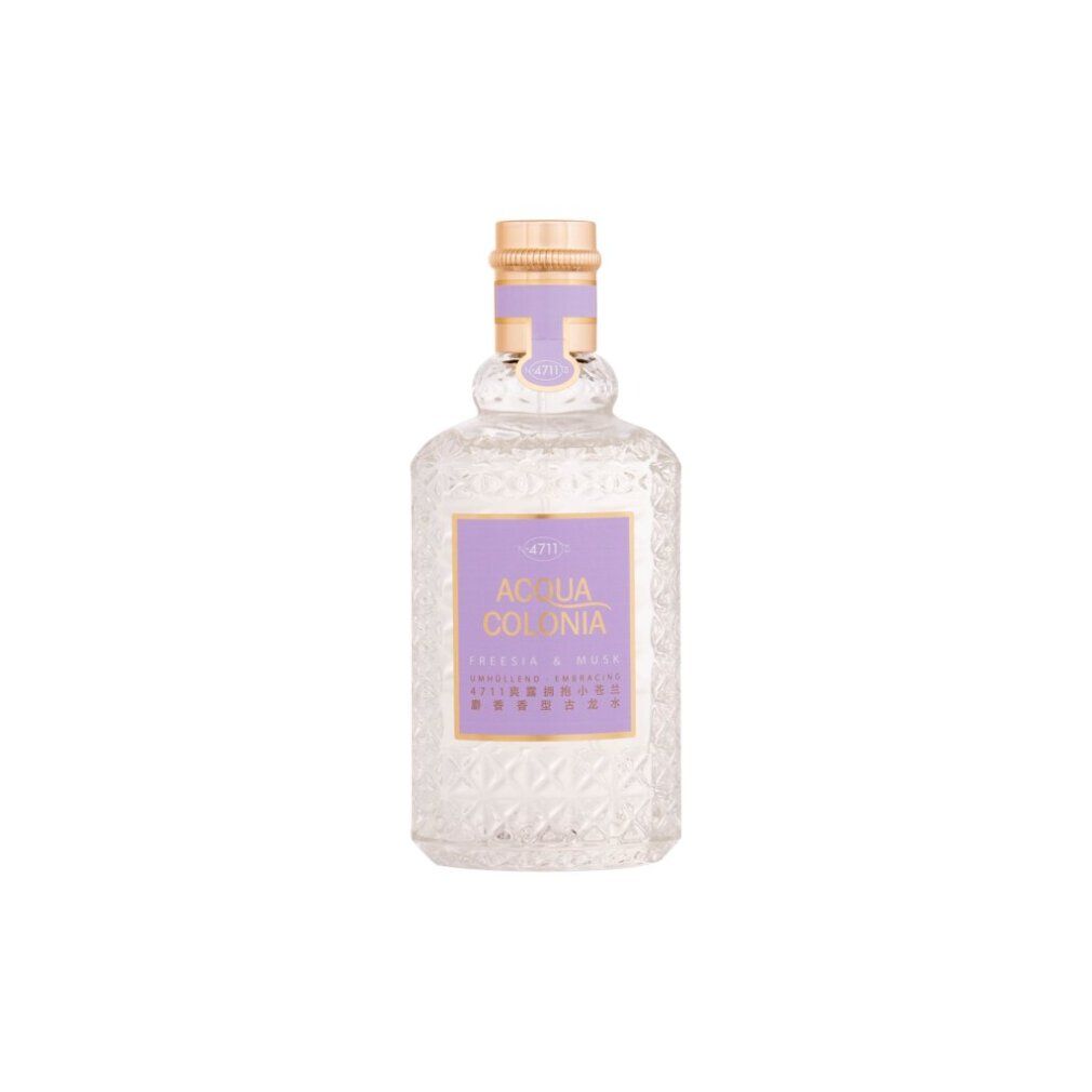 Glasflasche mit 4711 Acqua Colonia Freesia & Musk Eau de Cologne, goldener Verschluss.