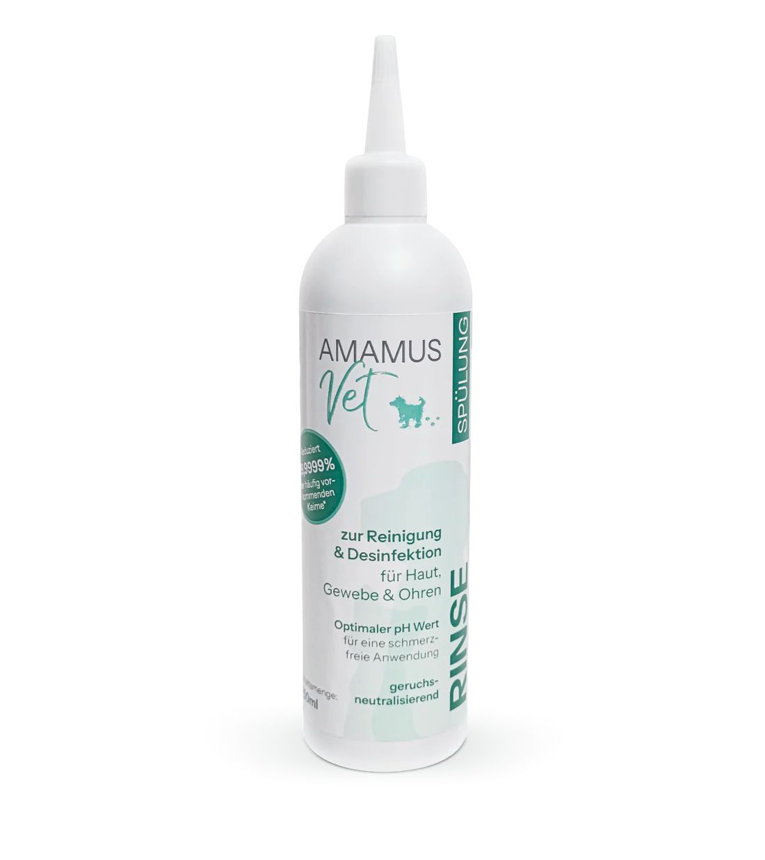 Weiße Flasche mit spitzem Applikator. Aufschrift AMAMUS Vet, RINSE, SPÜLUNG. Text zur Reinigung & Desinfektion für Haut, Gewebe & Ohren.