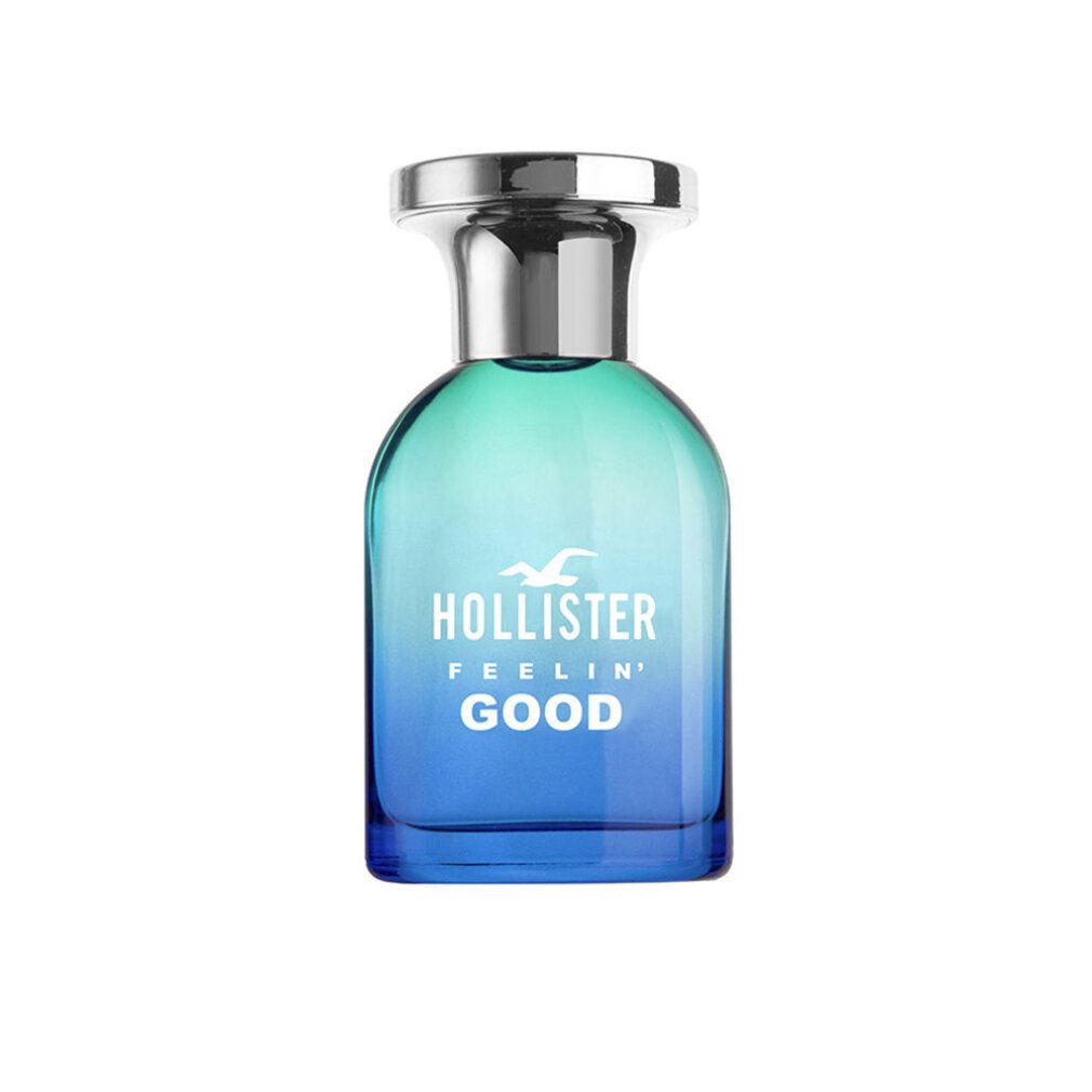 Blau-grüner Flakon mit silbernem Verschluss. Aufschrift: Hollister Feelin' Good. Logo: Möwe.