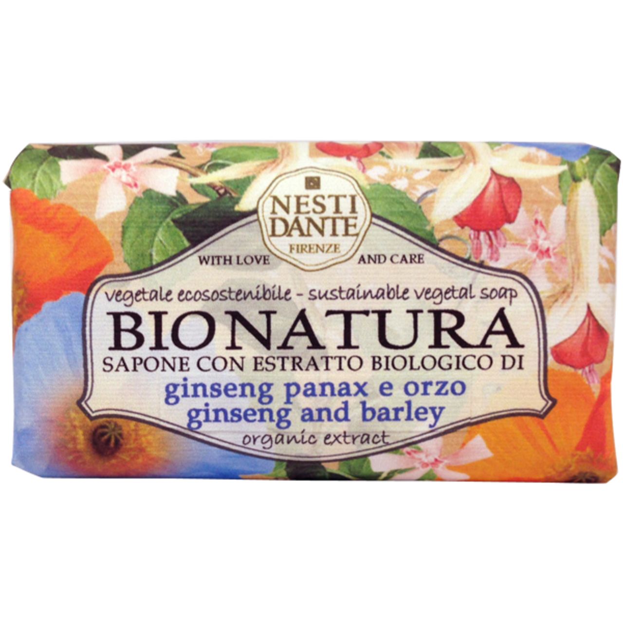 Seife mit floralem Papier verpackt. Aufschrift: Bionatura, Ginseng und Gerste. Marke: Nesti Dante Firenze.