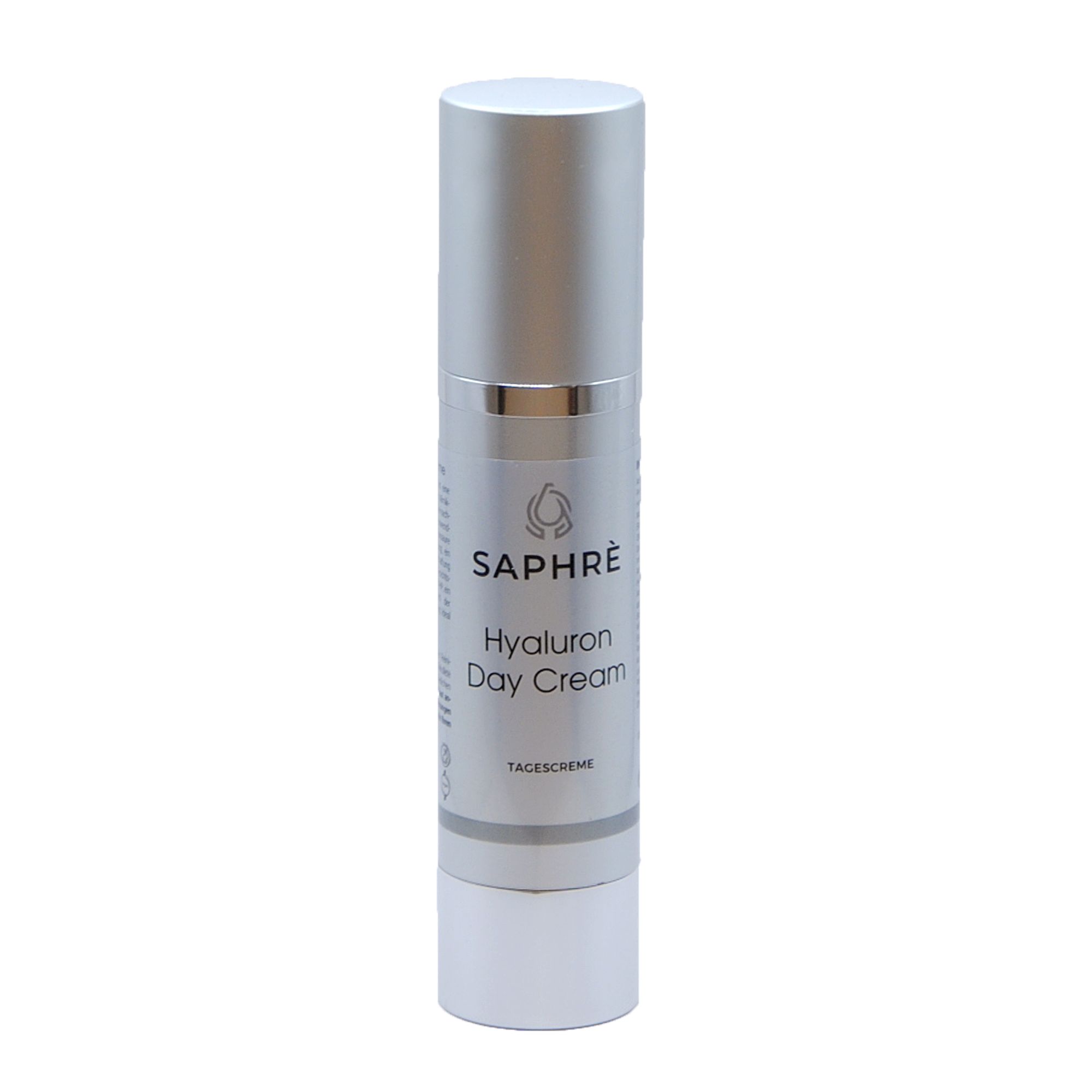 Saphre Hyaluron Day Cream. Zylindrische Flasche mit silbernem Deckel. Beschriftung mit Produktname und Logo.