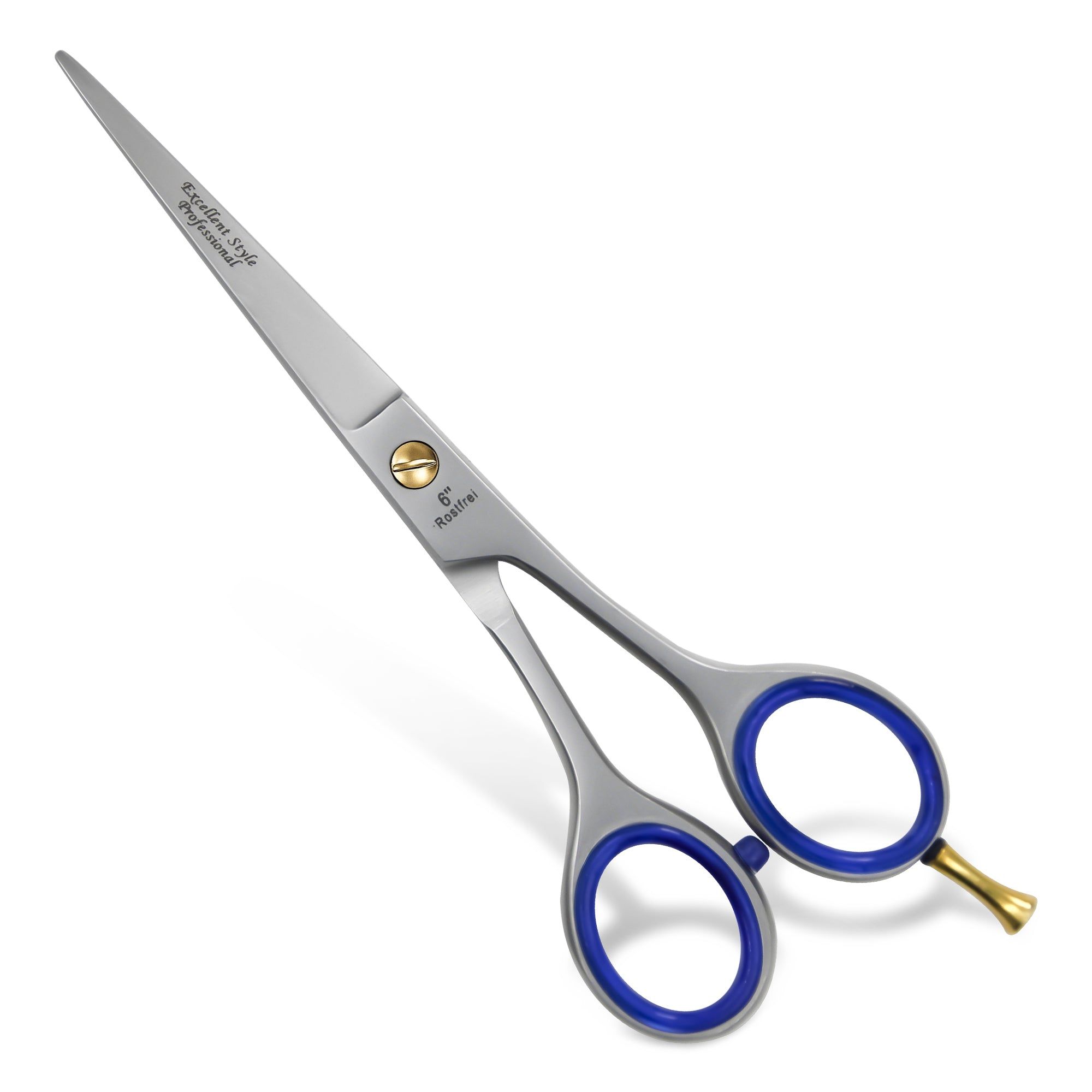 Friseurschere mit glatter Klinge, blauen Gummigriffen und goldfarbenem Akzent. Aufschrift: Excellent Style Professional.