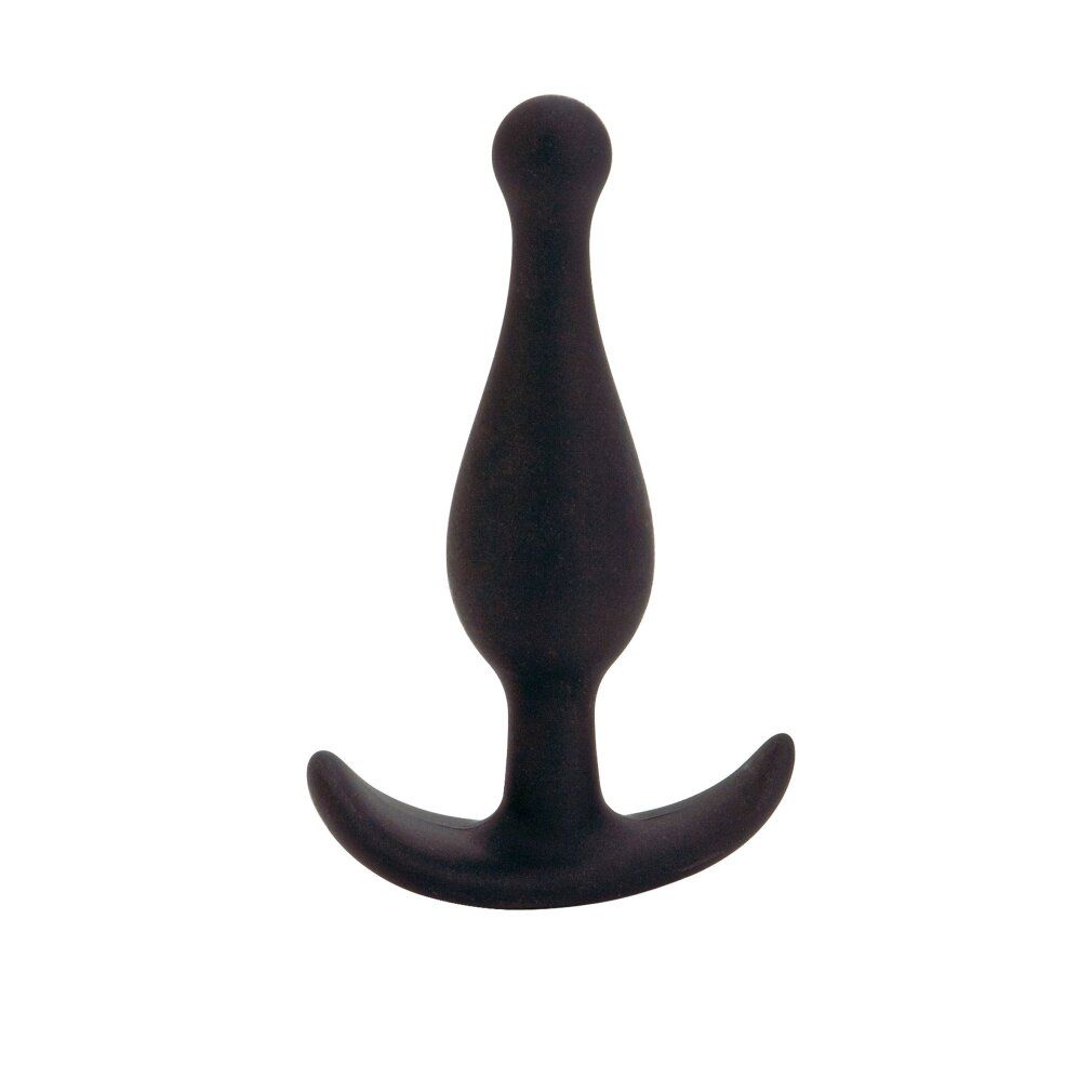 Schwarzer Anus-Plug mit T-förmiger Basis. Glatte Oberfläche. Für den Intimbereich.
