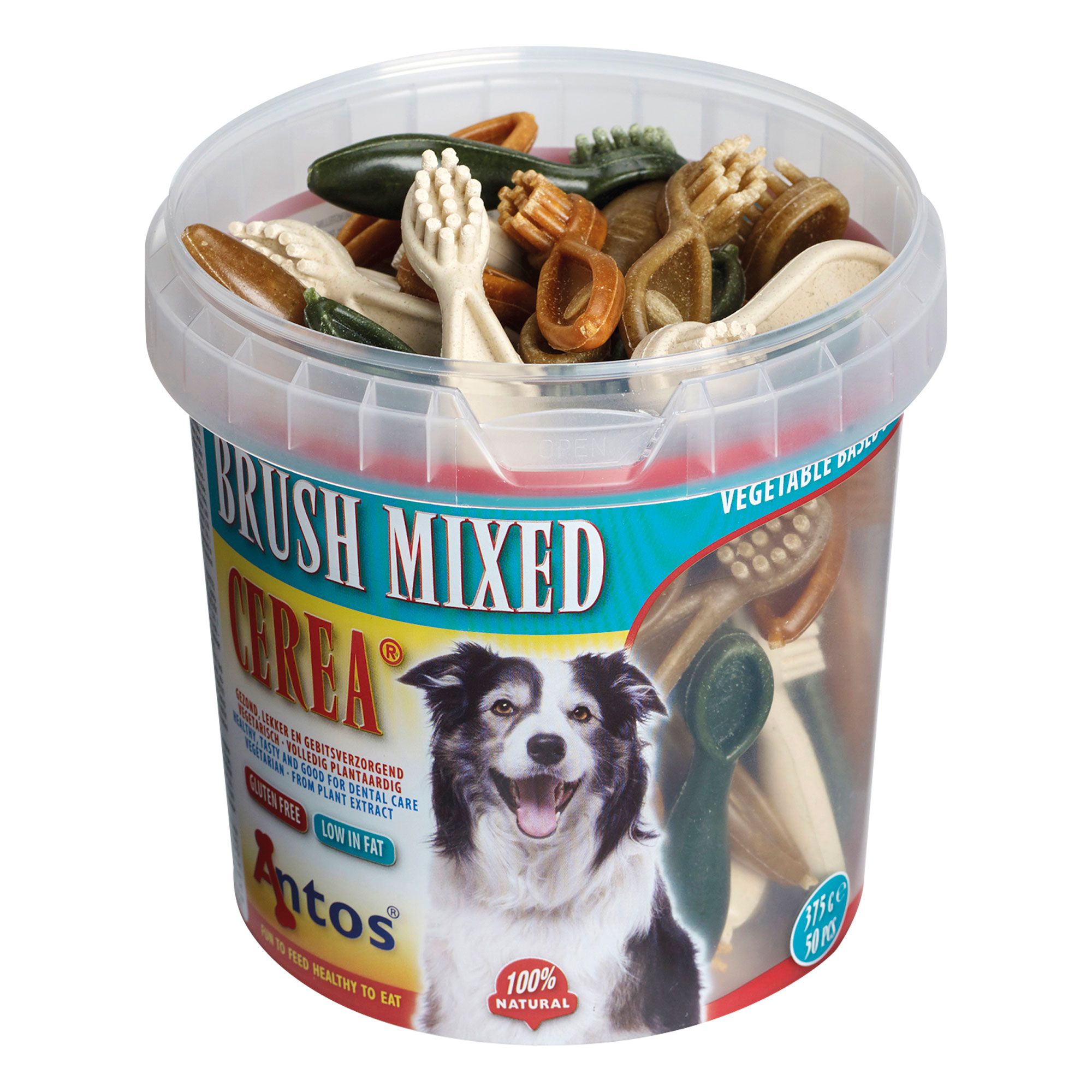 Eimer mit Kausnacks. Verschiedene Farben und Formen. Aufschrift "Brush Mixed Cerea". Marke Antos. Enthält 50 Stück.