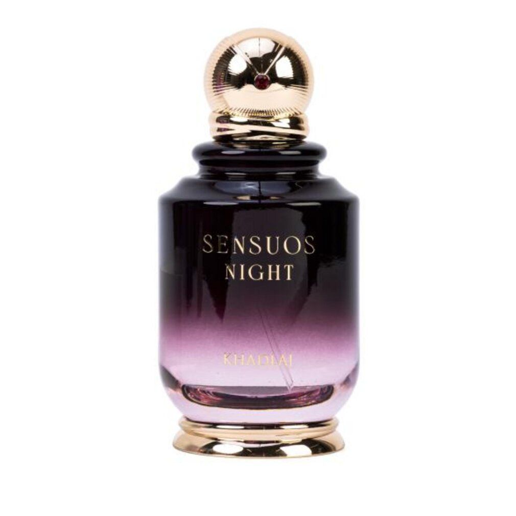 Damenparfüm Khadlaj Sensuos Night edp. Flakon mit goldfarbenem Verschluss. Text: Sensuos Night, Khadlaj.