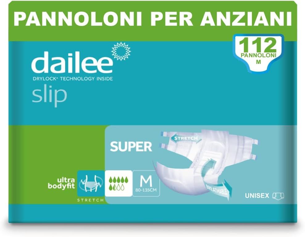 Dailee Slip Super Inkontinenz Windeln für Erwachsene. Verpackung mit 112 Stück, Größe M. Grün-türkis Design.