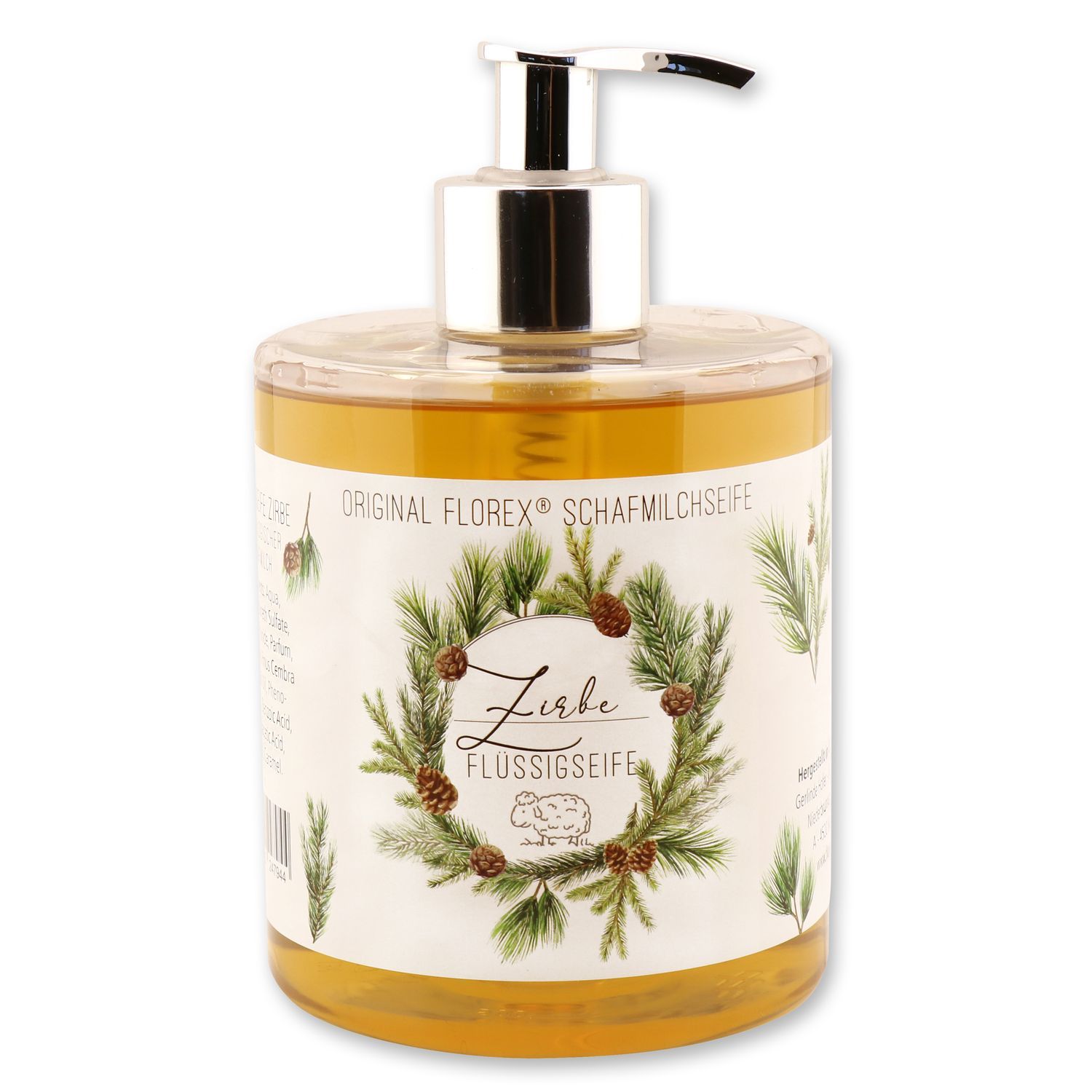 Flüssigseife im Spender. Aufkleber mit Schriftzug "Liebe Flüssigseife" und Illustrationen. Oben silberner Pumpkopf.