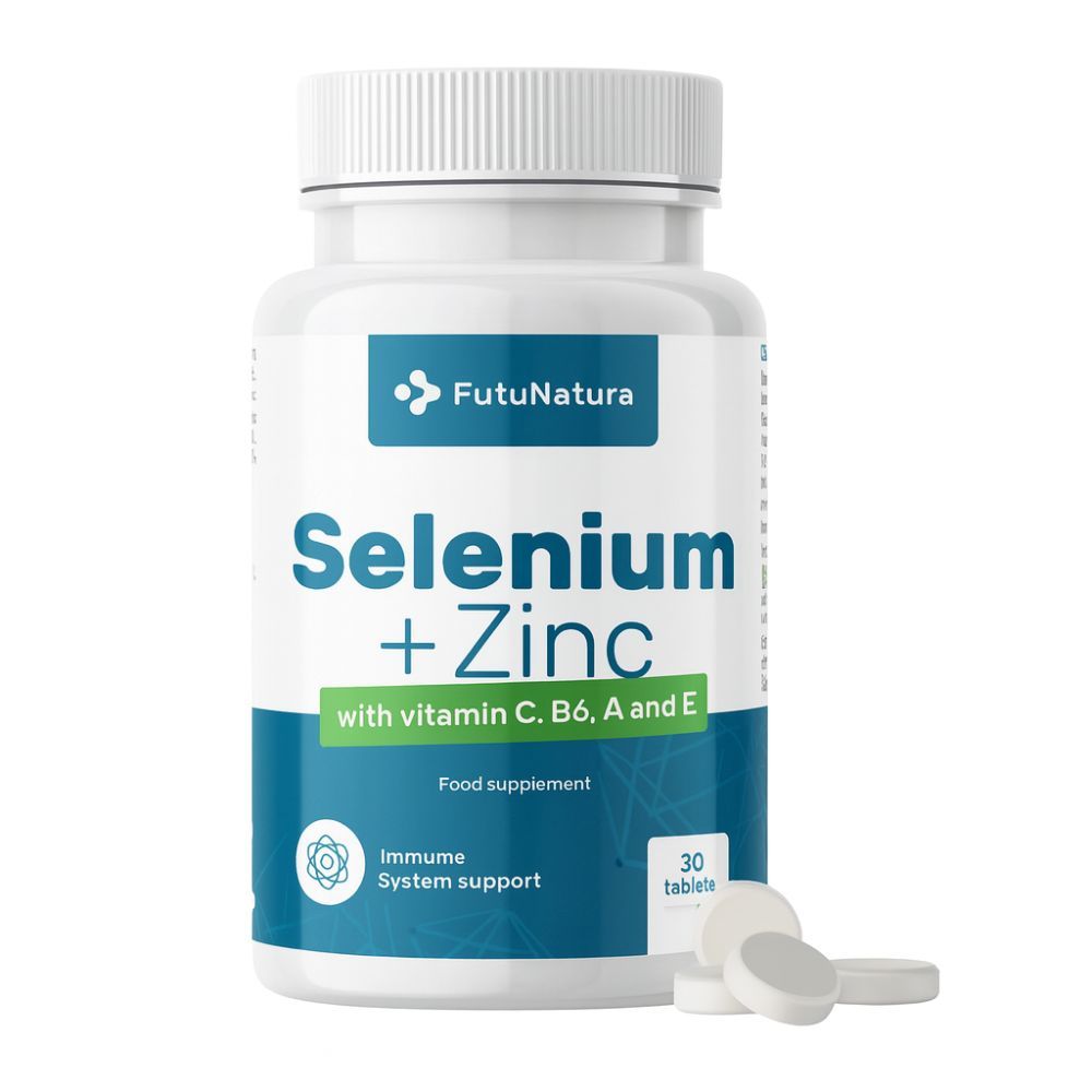 Weiße Flasche mit FutuNatura Selen + Zink Tabletten. Aufschrift: Selen + Zink, mit Vitamin C, B6, A und E. 30 Tabletten.