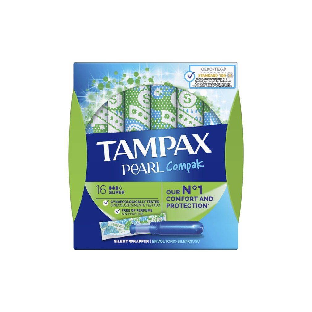 Verpackung mit Tampons. Marke: Tampax Pearl Compak. 16 Super. Mit OEKO-TEX-Zertifizierung.