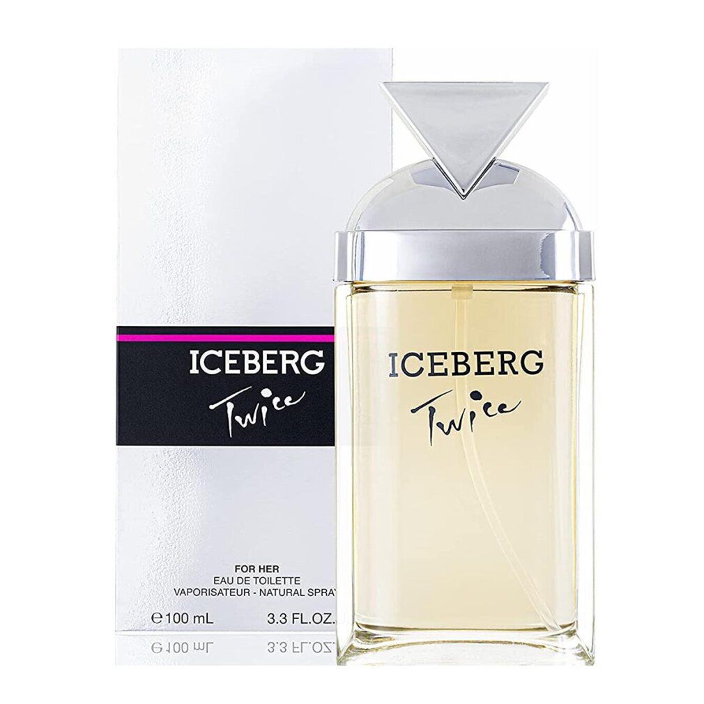 Iceberg Twice Damen Eau de Toilette. Flakon und Verpackung. Silberner Deckel und Logo.