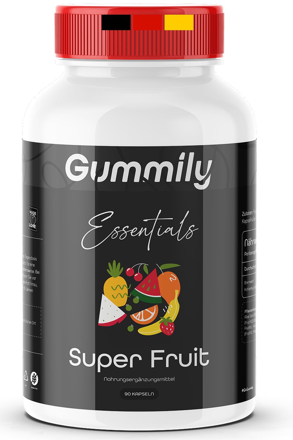 Weiße Flasche mit rotem Deckel. Aufschrift: Gummily Essentials Super Fruit. Abbildung von Früchten. 90 Kapseln.