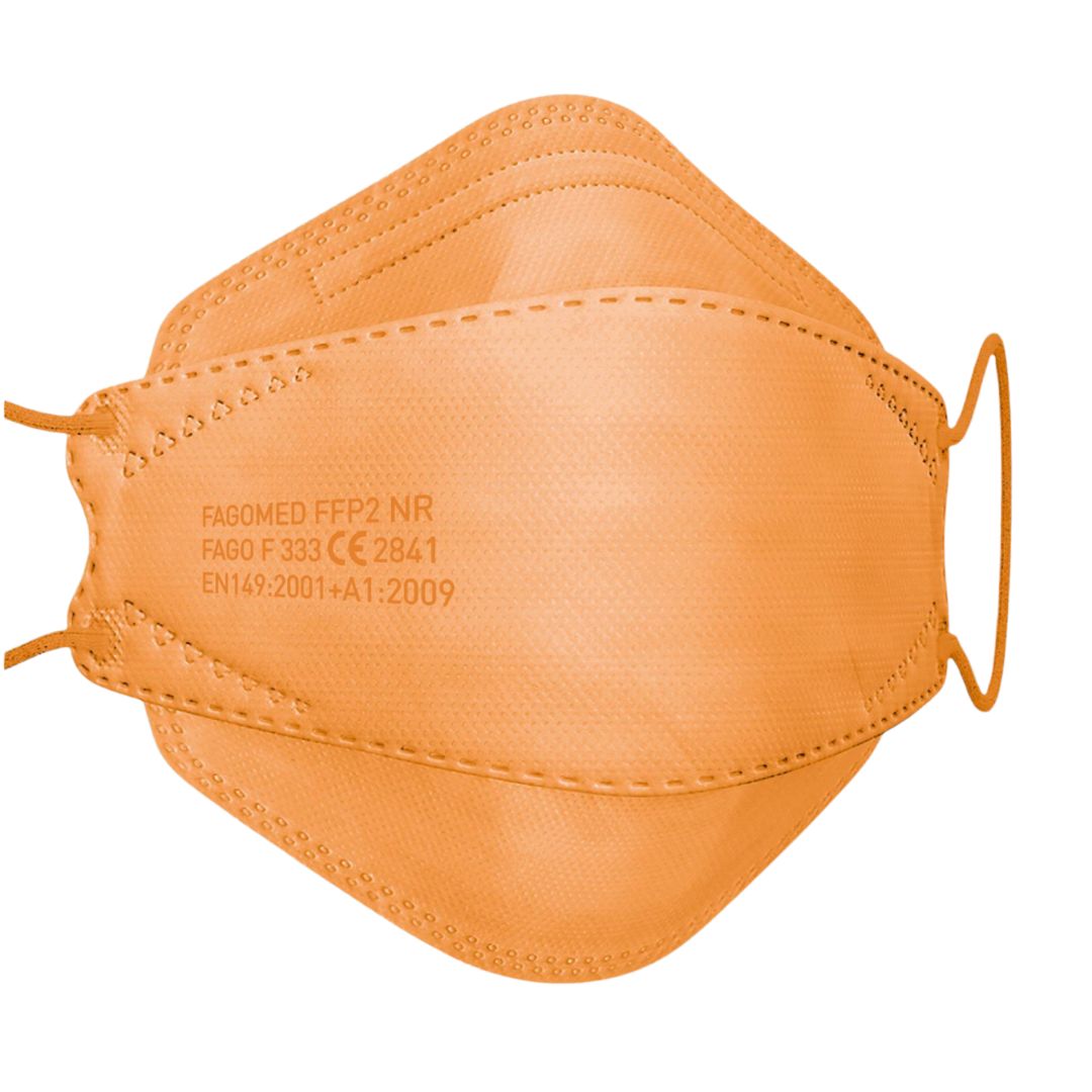 Orange FFP2-Maske. Aufgedruckt: FAGOMED FFP2 NR, FAGO F 333 CE 2841 EN149:2001+A1:2009. Mit Ohrschlaufen.