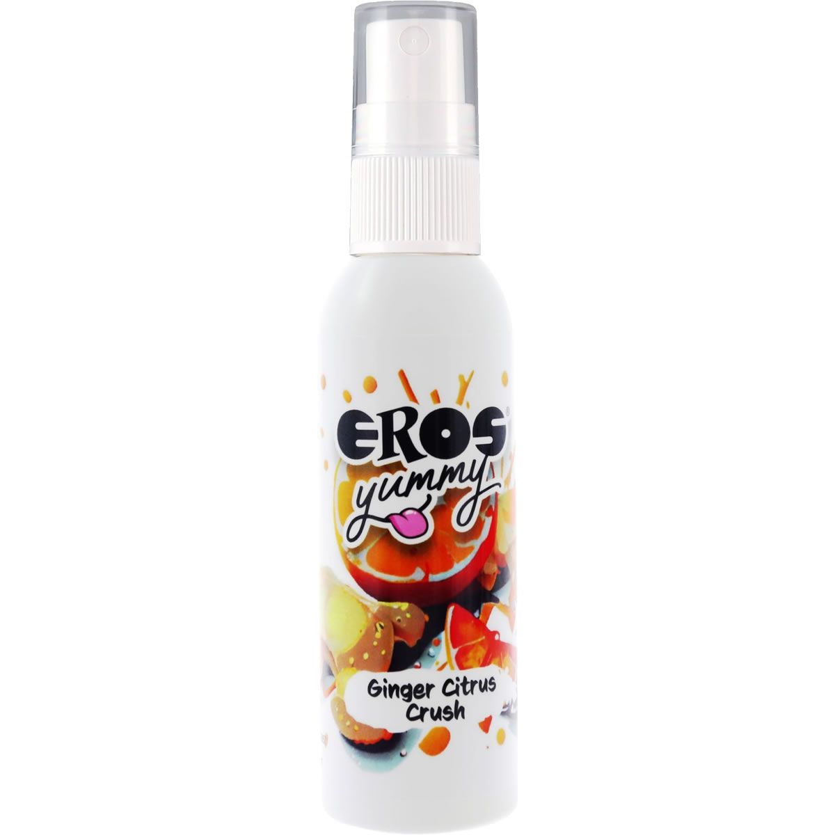 Weiße Sprühflasche mit Aufschrift EROS yummy und Abbildung von Früchten. Text: Ginger Citrus Crush.
