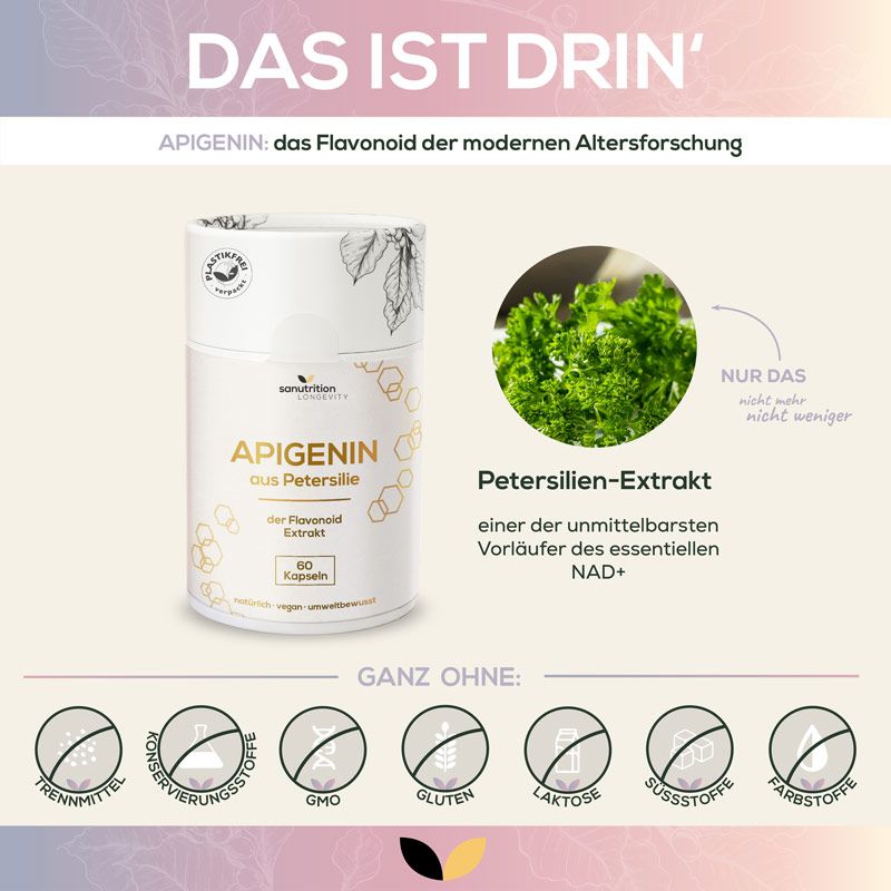 Produktverpackung "Apigenin aus Petersilie" neben Petersilien-Extrakt. Text: "Ganz ohne: Trennmittel, Konservierungsstoffe, GMO, Gluten, Laktose, Süßstoffe, Farbstoffe".