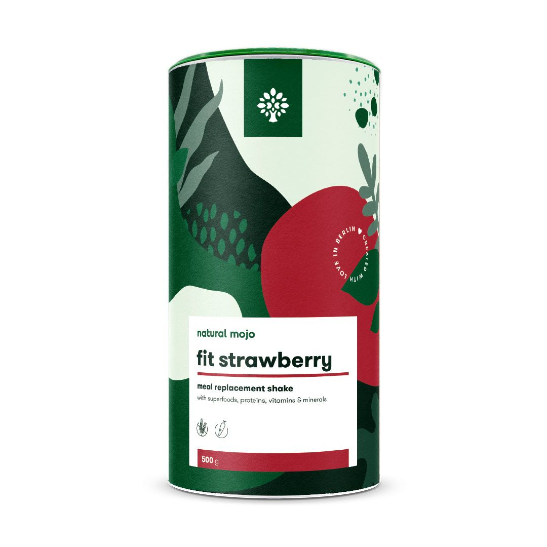 Zylindrische Dose mit "natural mojo fit strawberry". Grün-weißes Design mit Erdbeer-Illustration. Text: "meal replacement shake".