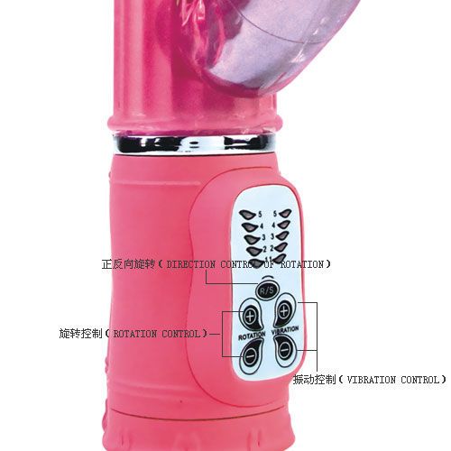 Nahaufnahme der Steuerung eines rosa Vibrators. Beschriftungen in Englisch und Chinesisch.