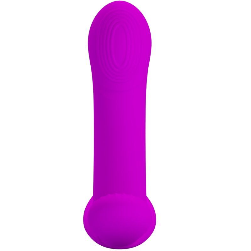 Lila Vibrator mit abgerundeter Spitze und Basis. Oberfläche mit Rillen strukturiert.