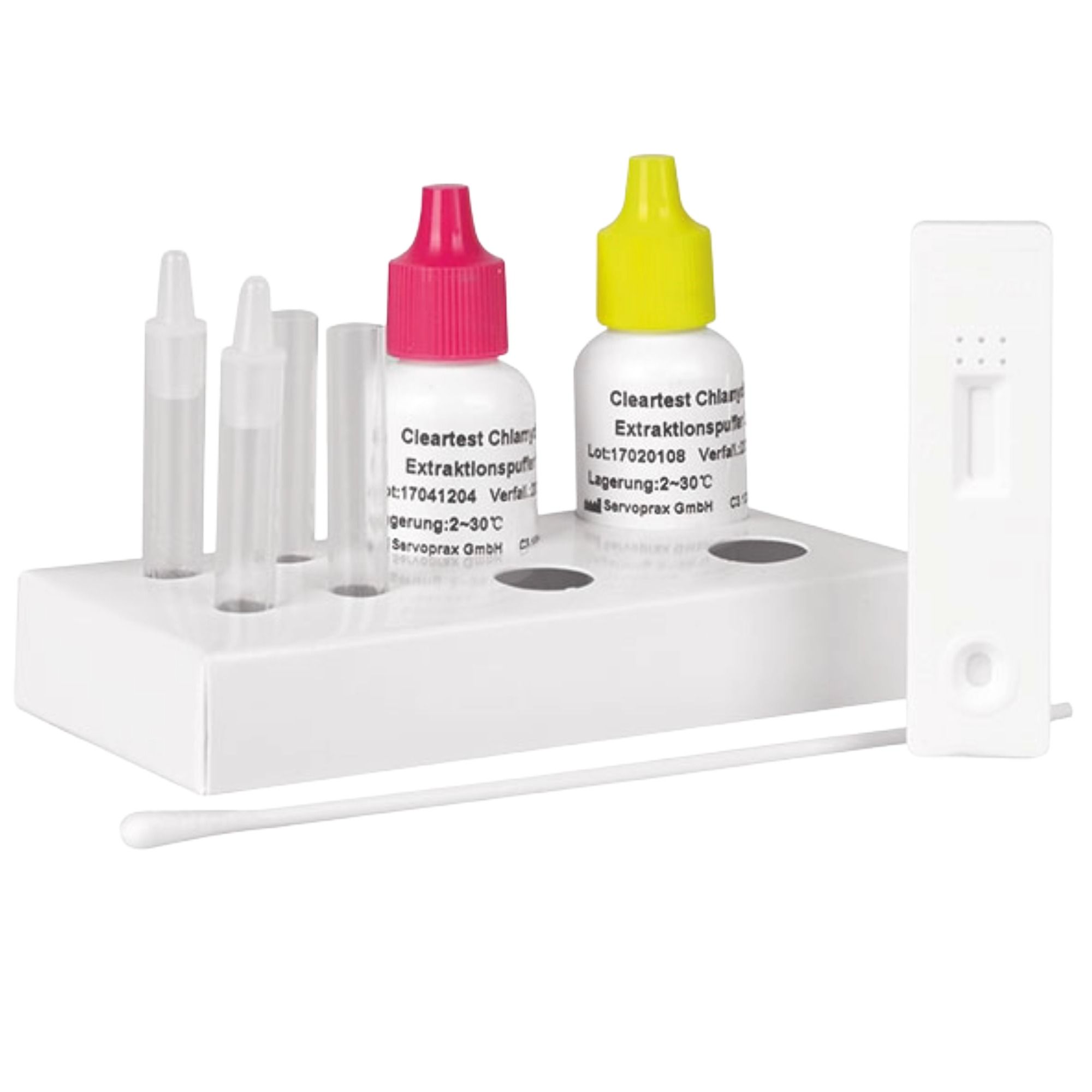 Testkit mit Flaschen, Teststreifen und Zubehör. Flaschen mit roter und gelber Kappe. Aufschrift: Cleartest Chlamydia.