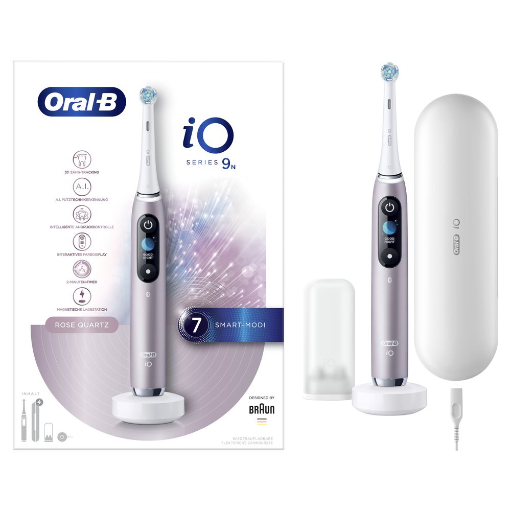Elektrische Zahnbürste Oral-B iO Series 9N Rose Quartz, Ladestation, Reiseetui und Zubehör. Verpackung mit Produktinformationen.