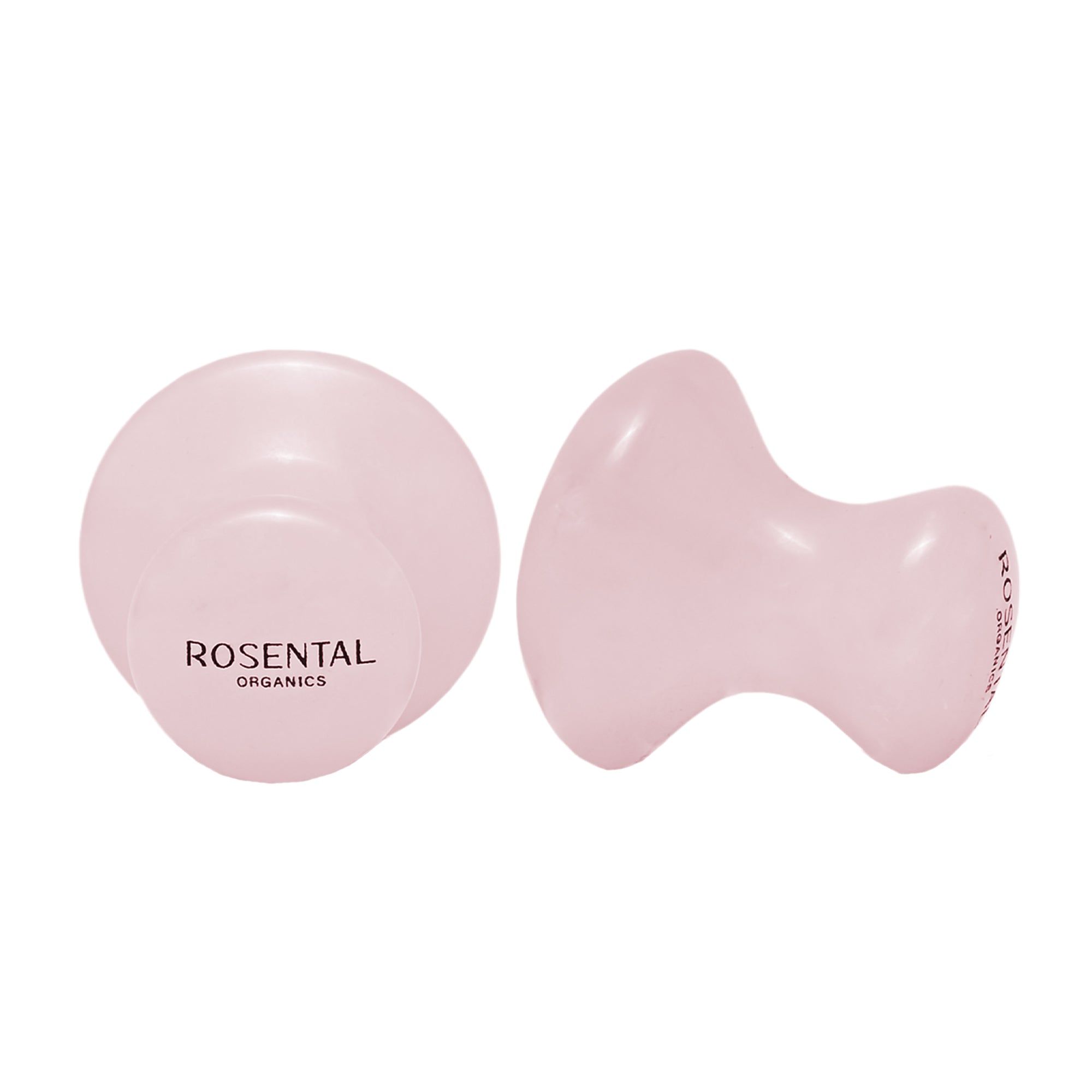 Zwei Rosental Organics Eye Flowies aus rosafarbenem Rosenquarz. Links rund, rechts tropfenförmig. Mit Logo.