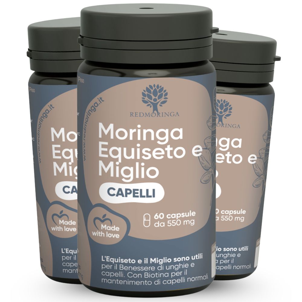 Drei Flaschen mit Kapseln. Aufschrift: RedMoringa, Moringa Equiseto Miglio CAPELLI. 60 Kapseln, 550 mg.