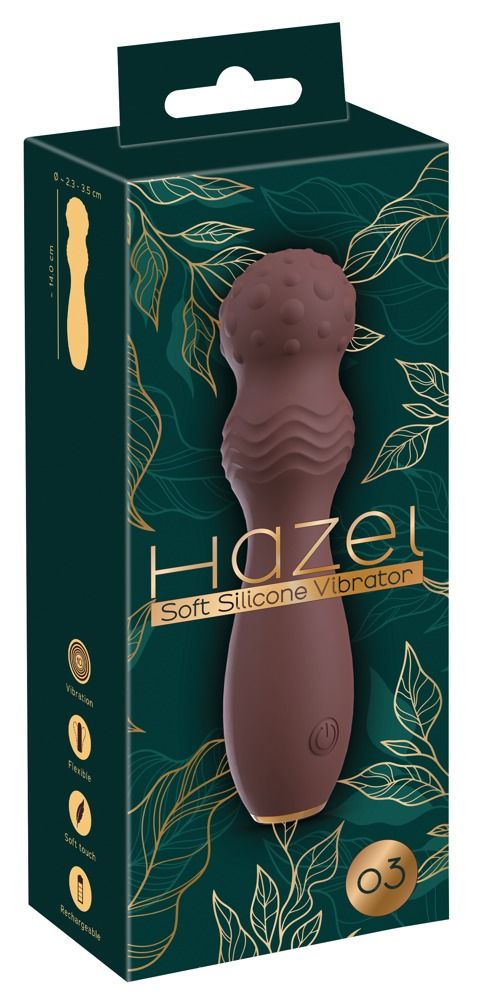 Verpackung mit Vibrator. Produktname: Hazel. Text: Soft Silicone Vibrator. Grün mit goldenen Blättern. Maße: 0-23,5 cm.