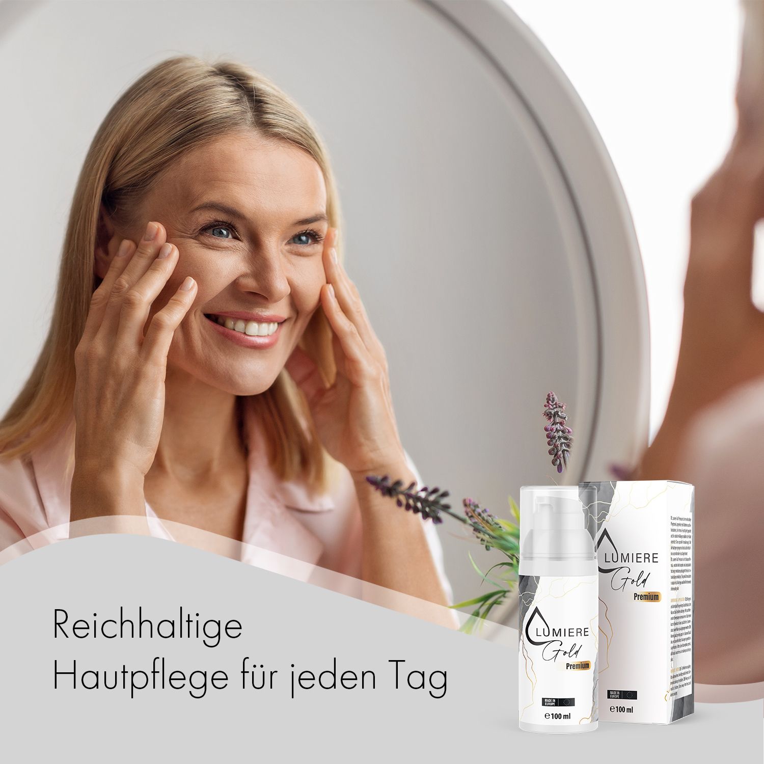 Frau berührt ihr Gesicht. Neben ihr: Creme-Flakon und Schachtel. Aufschrift: Lumiere Gold Premium. Text: Reichhaltige Hautpflege.