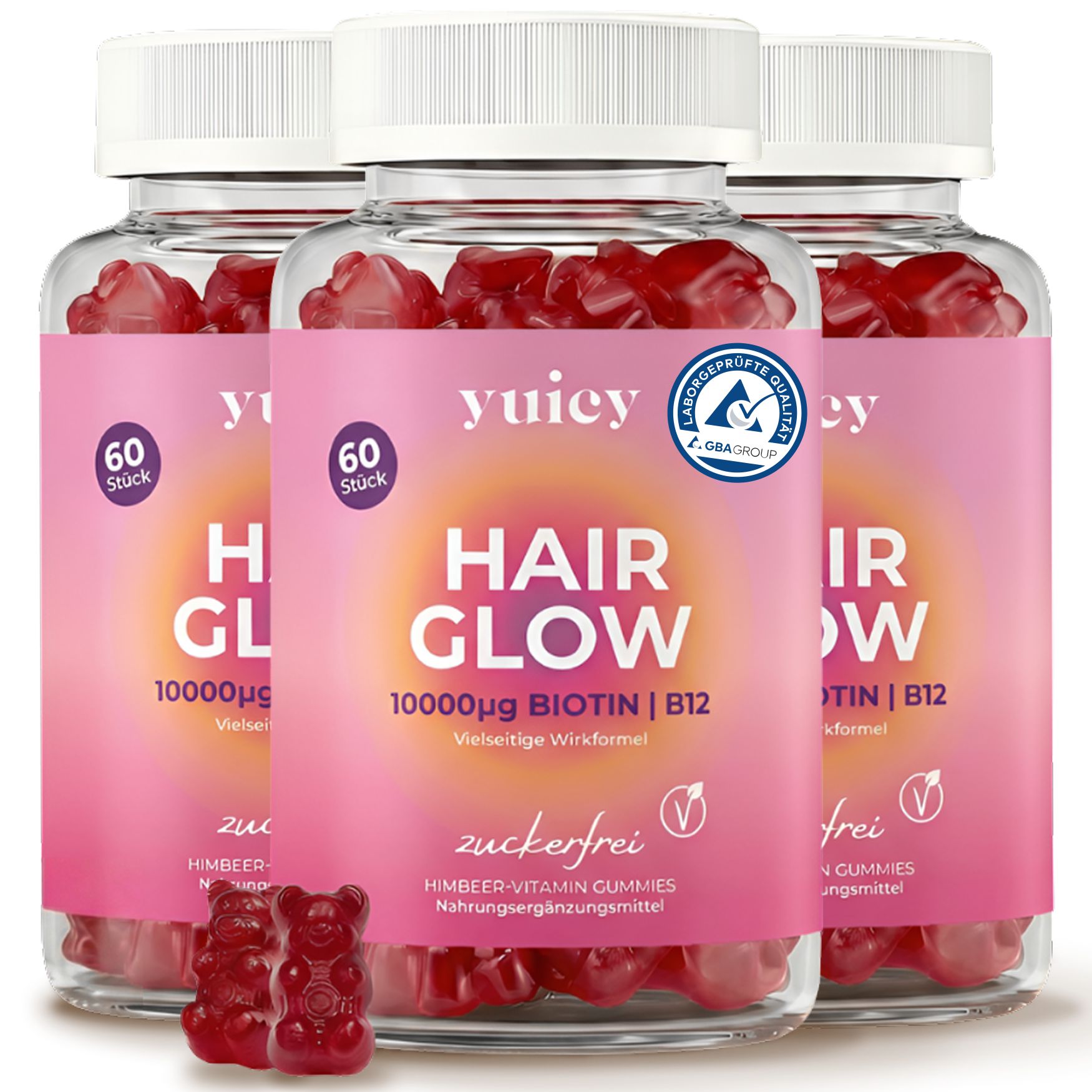 Drei Flaschen yuicy® Hair Glow Biotin Gummibärchen. Aufschrift: Hair Glow Biotin, 10000µg Biotin, zuckerfrei. 60 Stück.