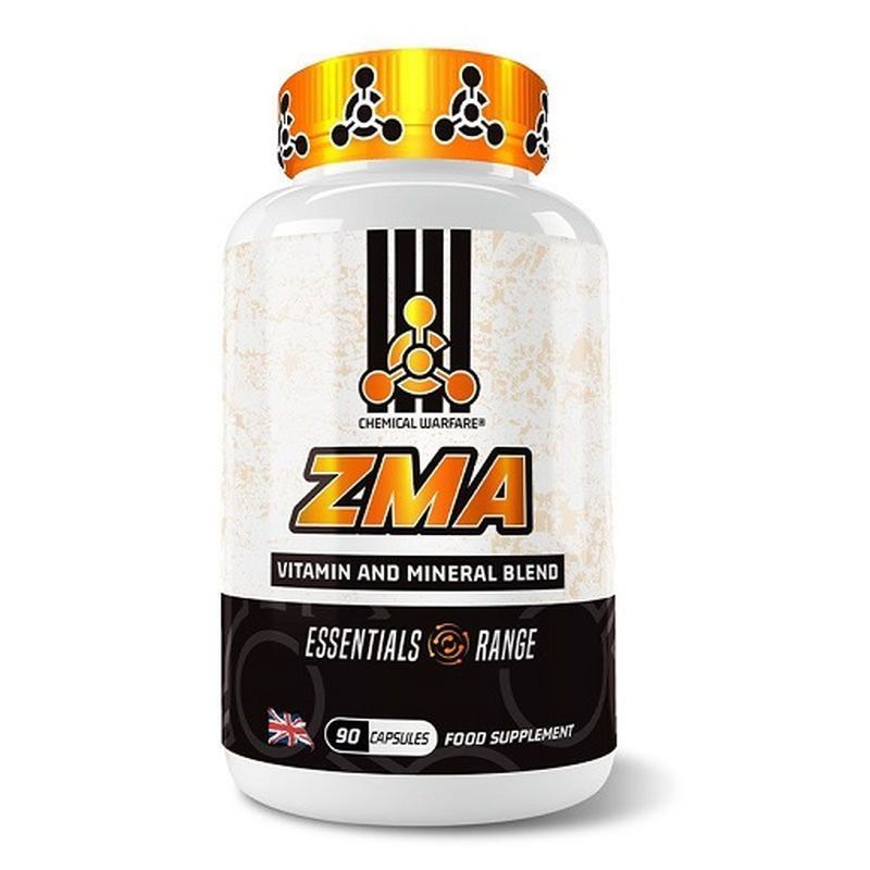 Weiße Flasche mit gelbem Deckel. Aufschrift: Chemical Warfare ZMA, Vitamin- und Mineralstoffmischung. 90 Kapseln.