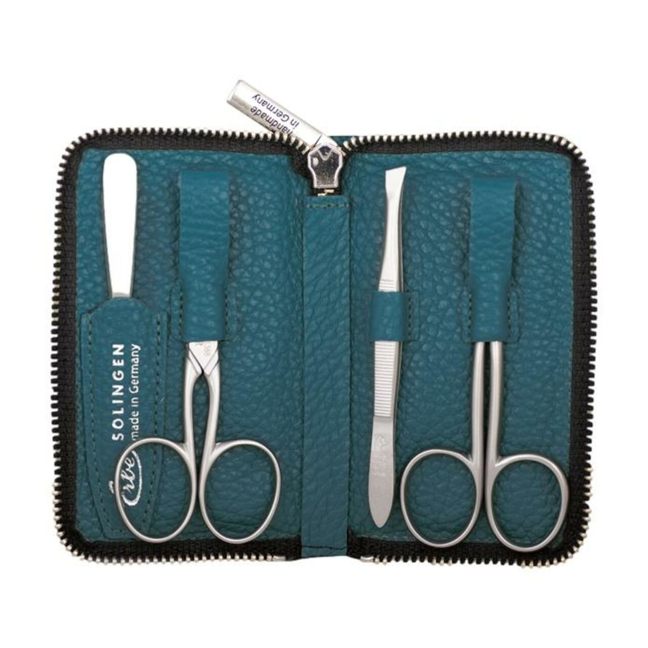 Etui mit Reißverschluss, petrolfarbenes Leder. Enthält Nagelschere, Nagelfeile, Hautschieber und Pinzette. Marke: Erbe, Solingen.