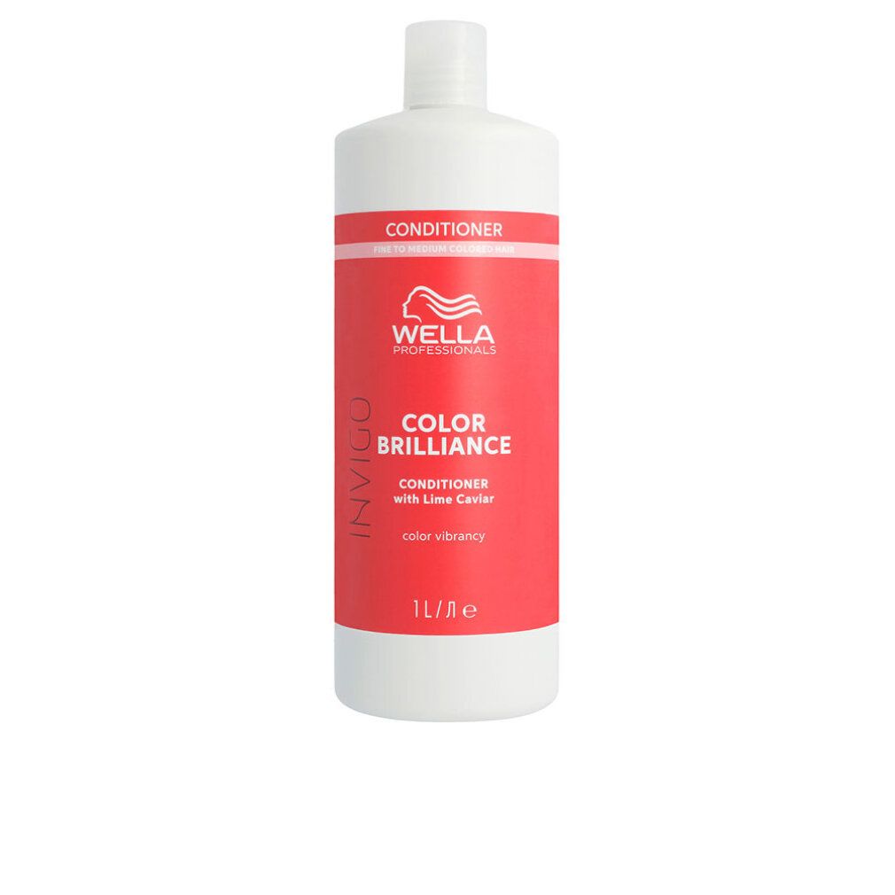 Weiße Flasche mit rotem Etikett. Aufschrift: Wella Color Brilliance Conditioner. 1L.