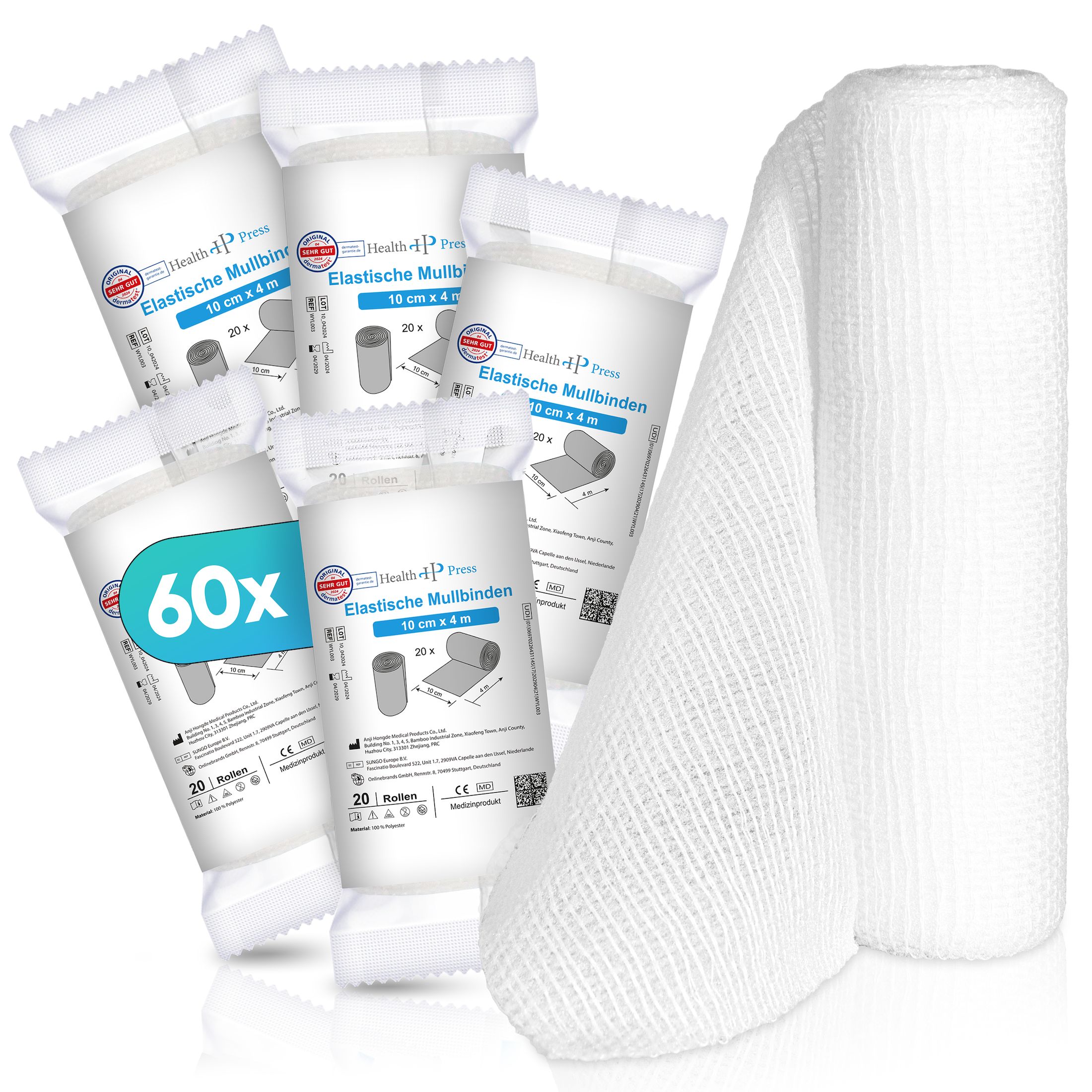 Mehrere einzeln verpackte elastische Mullbinden und eine offene Rolle.