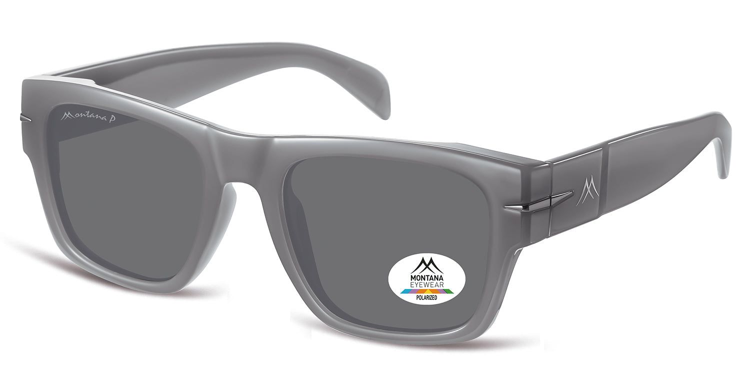 Graue Sonnenbrille, seitliche Ansicht. Quadratische Gläser, Montana Eyewear Logo. Polarized-Aufkleber.