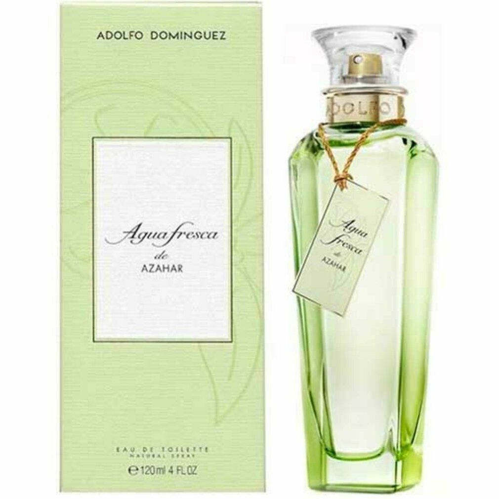 Adolfo Dominguez Agua Fresca De Azahar Flakon mit Etikett. Grüne Flüssigkeit im Flakon. Grüne Schachtel mit Produktnamen.