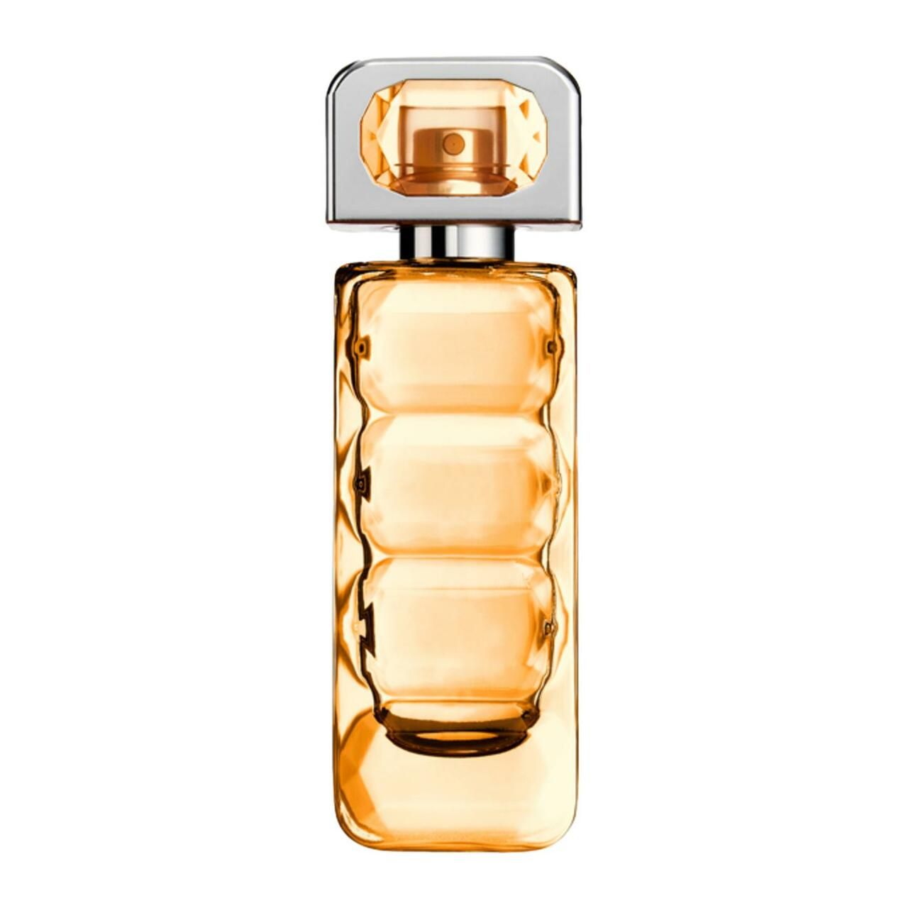 Boss Orange Woman E.d.T. Nat. Spray. Transparenter Flakon mit orangefarbenem Duft. Silberner Verschluss.
