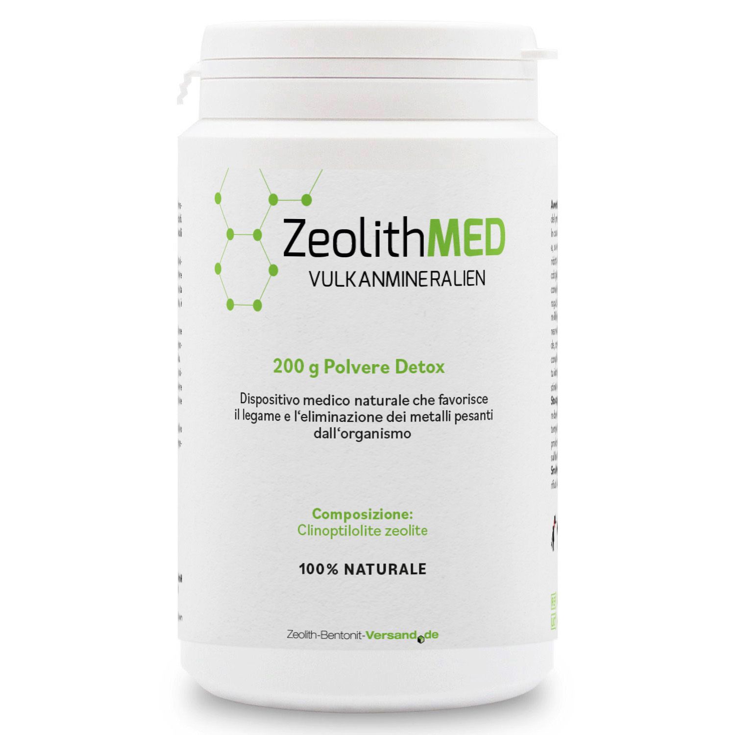 Barattolo bianco di ZeolithMED VULKANMINERALIEN, 200 g Polvere Detox. Dispositivo medico naturale per il fegato e l'eliminazione dei metalli pesanti. Presenta elementi grafici verdi e la scritta "100% NATURALE". Contiene informazioni sull'uso e sugli ingredienti.